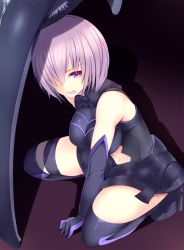 Rule 34 | 1girl, armor, armored dress, bare shoulders, black dress, black thighhighs, boots, breasts, dress, elbow gloves, fate/grand order, fate (series), gloves, hair over one eye, highres, kneeling, large breasts, looking at viewer, mash kyrielight, open mouth, purple eyes, purple hair, shield, short hair, sleeveless, sleeveless dress, solo, sukage, thigh boots, thighhighs