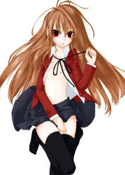 Rule 34 | 1girl, aisaka taiga, azuma sawayoshi, black neckwear, black thighhighs, brown eyes, brown hair, female focus, flat chest, jacket, long hair, long sleeves, looking at viewer, miniskirt, navel, neck ribbon, nipples, open clothes, open jacket, open shirt, parted lips, pulled by self, red jacket, ribbon, school uniform, shirt, skirt, solo, source request, standing, teeth, thighhighs, toradora!, white background, white shirt