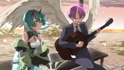Rule 34 | 1boy, 1girl, angel wings, aqua hair, blue tassel, breasts, cleavage, cleavage cutout, closed eyes, closed mouth, clothing cutout, cloud, collared shirt, commission, dragon girl, falling petals, formal, green eyes, grey necktie, grey pants, grey suit, guitar, hair between eyes, halo, highres, holding, holding guitar, holding instrument, horns, indie virtual youtuber, instrument, k (art71), miri mizuhiki, necktie, oni, open mouth, pants, petals, pointy ears, possiblyadri, purple hair, red horns, shirt, single horn, sitting, skeb commission, sky, suit, virtual youtuber, white petals, white shirt, white wings, wings