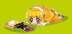 Rule 34 | 10s, 1girl, blonde hair, blush, chibi, hairband, kise yayoi, lowres, lying, on stomach, precure, smile precure!, solo, tears, tima, white hairband