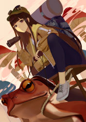 Rule 34 | 1girl, animal, backpack, bag, binoculars, blush, brown eyes, brown hair, brown jacket, chair, closed mouth, commentary, dutch angle, fantasy, fog, green headwear, grey footwear, highres, hime cut, holding, holding binoculars, italian commentary, jacket, leggings, long hair, long sleeves, looking at viewer, mushroom, ocarino, open clothes, open jacket, original, oversized animal, riding, rope, shoes, sidelocks, sitting, solo, straight hair, toad (animal), unzipped, very long hair, zipper, zipper pull tab