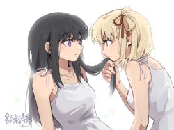 Rule 34 | 2girls, black hair, blonde hair, bright pupils, camisole, chinese commentary, closed mouth, commentary request, eye contact, hair ribbon, highres, holding another&#039;s hair, inoue takina, kissing hair, long hair, looking at another, lycoris recoil, medium hair, multiple girls, nishikigi chisato, one side up, purple eyes, red eyes, red ribbon, ribbon, simple background, upper body, white background, white camisole, white pupils, yanlingjinshilihuahua, yuri