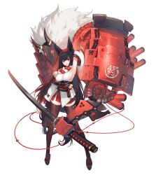 Rule 34 | 1girl, animal ear fluff, animal ears, artery gear, artery gear: fusion, artist request, bell, black hair, black thighhighs, breasts, cleavage, detached sleeves, fox ears, highres, hokuto (artery gear), holding, holding sword, holding weapon, katana, large breasts, long hair, mechanical arms, nontraditional miko, official art, red eyes, sideboob, single mechanical arm, sword, thighhighs, third-party source, transparent background, very long hair, weapon