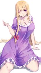 Rule 34 | 1girl, blonde hair, bow, breasts, cleavage, closed mouth, collarbone, dress, hair bow, highres, large breasts, long hair, looking at viewer, mirufui, one eye closed, purple dress, purple eyes, red bow, red nails, simple background, solo, touhou, white background, yakumo yukari