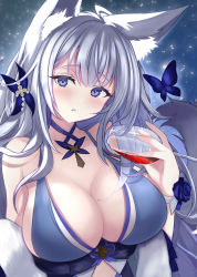 Rule 34 | 1girl, ahoge, alcohol, animal ear fluff, animal ears, azur lane, bare shoulders, blue butterfly, blue dress, blue eyes, breasts, bug, butterfly, cleavage, collarbone, cup, dress, drinking glass, flower, fox ears, fox girl, grey hair, hair ornament, highres, holding, holding cup, honyara-san, insect, kitsune, large breasts, long hair, looking at viewer, parted lips, rose, shinano (azur lane), shinano (dreams of the hazy moon) (azur lane), sky, solo, star (sky), starry sky, tail, upper body, very long hair, wine, wine glass, wrist flower