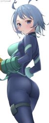 Rule 34 | 1girl, absurdres, ass, blue bodysuit, blue eyes, blue hair, blush, bodysuit, boku no hero academia, breasts, commentary, from behind, from side, hadou nejire, highres, kawai ritsu (rits meg), looking back, parted lips, short hair, simple background, skindentation, solo, thigh strap, twisted torso, twitter username, white background
