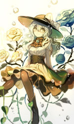 Rule 34 | 1girl, adapted costume, alternate hair length, alternate hairstyle, aqua flower, aqua rose, black footwear, black hat, black pantyhose, boots, bow, bubble, closed mouth, flower, fuepo, green skirt, hair between eyes, hat, hat bow, heart, heart of string, highres, juliet sleeves, koishi day, komeiji koishi, long sleeves, looking at viewer, pantyhose, puffy sleeves, rose, skirt, smile, solo, third eye, touhou, wavy hair, white background, white bow, yellow flower, yellow rose