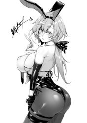Rule 34 | 1girl, animal ears, ass, azur lane, backless leotard, backless shirt, bare shoulders, black leotard, black necktie, black pantyhose, blush, bra strap, breasts, commentary request, covered erect nipples, cowboy shot, elbow gloves, fake animal ears, from behind, gloves, hair between eyes, highres, large breasts, leotard, leotard under clothes, long hair, looking at viewer, low ponytail, metal gloves, monochrome, necktie, official alternate costume, oriue wato, pantyhose, parted lips, playboy bunny, rabbit ears, reno (azur lane), reno (reno bunnino) (azur lane), shirt, side-tie leotard, sideboob, sidelocks, signature, simple background, single elbow glove, sleeveless, standing, thigh strap, v, white background, wrist cuffs