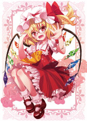 Rule 34 | 1girl, ascot, bespectacled, black footwear, blonde hair, bobby socks, bow, comiket 80, crystal, fang, flandre scarlet, frilled skirt, frills, full body, glasses, happy, hat, hat bow, hat ribbon, looking at viewer, mary janes, medium hair, mob cap, multicolored wings, one side up, open mouth, pink background, puffy short sleeves, puffy sleeves, red bow, red eyes, red ribbon, red skirt, red vest, ribbon, ribbon-trimmed headwear, ribbon trim, shirt, shoes, short sleeves, simple background, skirt, skirt set, sleeve bow, sleeve ribbon, smile, socks, solo, touhou, vest, white hat, white shirt, white socks, wings, yellow ascot, yyukke