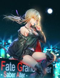 Rule 34 | 1girl, arm support, artoria pendragon (all), artoria pendragon (fate), belt, black shorts, blonde hair, boots, breasts, candy, character name, cleavage, copyright name, fate (series), food, full body, hair between eyes, highres, holding, jacket, jewelry, licking, lollipop, long hair, medium breasts, necklace, night, night sky, off shoulder, official alternate costume, open clothes, open jacket, saber alter, saber alter (ver. shinjuku 1999) (fate), short shorts, shorts, sitting, sky, solo, star (sky), thigh boots, thighhighs, tidsean, wind, yellow eyes