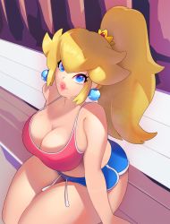 Rule 34 | 1girl, arm support, bare arms, bare shoulders, blonde hair, blue eyes, blue shorts, breasts, cleavage, crown, dolphin shorts, drawstring, earrings, eyelashes, highres, jewelry, large breasts, lbm, lips, lipstick, long hair, looking at viewer, makeup, mario (series), mini crown, nintendo, parted lips, pink lips, pink tank top, ponytail, princess peach, puckered lips, short shorts, shorts, sitting, smile, solo, strap gap, super mario bros. 1, sweat, tank top, thick lips, thick thighs, thighs