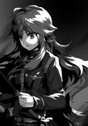 Rule 34 | 1girl, ahoge, breasts, floating hair, gloves, greyscale, hair between eyes, highres, holding, jacket, long hair, military, military jacket, military uniform, monochrome, novel illustration, official art, parted lips, sanbasou, small breasts, solo, standing, tenkyou no alderamin, uniform, upper body, very long hair