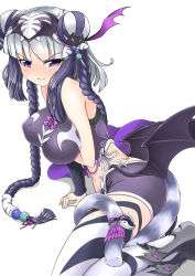 Rule 34 | 1girl, annoyed, arm support, bare shoulders, bat wings, black wings, blunt bangs, blush, braid, breast hold, breasts, cat hair ornament, double bun, hair bun, hair ornament, haku (p&amp;d), highres, knees together feet apart, large breasts, legs together, long hair, low wings, multicolored hair, purple eyes, purple hair, purple ribbon, puzzle &amp; dragons, ribbon, sidelocks, silver hair, simple background, sitting, sleeveless, solo, tail, tail ornament, tail ribbon, thighhighs, tiger tail, twin braids, twintails, two-tone hair, white background, white ribbon, white thighhighs, winged hair ornament, wings, yaosera, yin yang