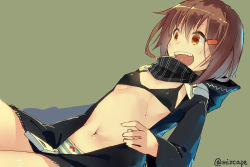 Rule 34 | &gt;:d, 10s, 1girl, :d, alternate costume, bikini, bikini top only, black bikini, bow, bow panties, breasts, brown eyes, brown hair, chig (mizusaki), cosplay, covered erect nipples, hair ornament, hairclip, hood, hooded jacket, ikazuchi (kancolle), jacket, kantai collection, look-alike, navel, open mouth, panties, re-class battleship, re-class battleship (cosplay), scarf, short hair, small breasts, smile, solo, striped clothes, striped panties, swimsuit, underwear, v-shaped eyebrows, zipper