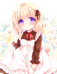 Rule 34 | 1girl, animal ears, apron, bad id, bad pixiv id, blonde hair, blush, breasts, brown dress, brown ribbon, closed mouth, collared dress, dog ears, dog girl, dog tail, dress, floral background, frilled apron, frills, hair between eyes, hair ribbon, hand up, haru ichigo, highres, long sleeves, looking at viewer, maid, neck ribbon, original, purple eyes, red ribbon, ribbon, sleeves past wrists, small breasts, smile, solo, tail, white apron, white background