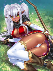 Rule 34 | 1girl, ass, black panties, blush, boots, bow (weapon), breasts, bridal gauntlets, cleavage, cloak, dark-skinned female, dark elf, dark skin, elf, gloves, highres, large breasts, long hair, looking at viewer, open mouth, original, panties, pantyshot, pointy ears, revision, shiny skin, silver hair, single glove, skirt, solo, thighhighs, thong, twintails, underwear, weapon, white panties, yapo (croquis side), yellow eyes