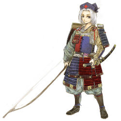 Rule 34 | 1girl, adapted costume, alternate costume, armor, blue eyes, blue hat, bow (weapon), cervus, dou, full armor, full body, half-closed eyes, hat, japanese armor, katana, kusazuri, light smile, looking at viewer, nurse cap, pants, pants tucked in, samurai, scabbard, sheath, sheathed, shoulder armor, silver hair, simple background, smile, sode, solo, sword, touhou, weapon, white background, yagokoro eirin