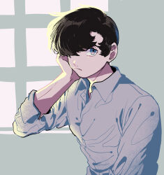 Rule 34 | 1boy, black hair, blue eyes, closed mouth, collared shirt, expressionless, hair over one eye, hand on own cheek, hand on own face, head rest, highres, husagin, looking at viewer, male focus, open collar, parted hair, partially unbuttoned, rock (tezuka osamu), shirt, short hair, simple background, sleeves past elbows, solo, star system, white shirt, window, windowsill
