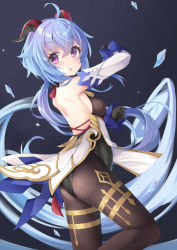 Rule 34 | 1girl, absurdres, ass, bare shoulders, beiwushide lr, black pantyhose, blue hair, blush, breasts, cowbell, detached sleeves, from behind, ganyu (genshin impact), genshin impact, gloves, gold trim, highres, horns, long hair, looking at viewer, looking back, low ponytail, medium breasts, neck bell, pantyhose, ponytail, purple eyes, ribbon, shiny clothes, shiny skin, sideboob, solo, very long hair