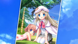 Rule 34 | 2girls, arizuki shiina, blue eyes, bow, brown hair, cape, day, dress, fang, hat, highres, kneeling, kud wafter, little busters!, long hair, lying, multiple girls, na-ga, noumi kudryavka, official art, official wallpaper, on stomach, outdoors, pink bow, quad tails, school uniform, smile, thighhighs, tree, wallpaper
