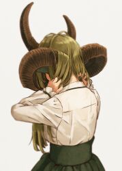 Rule 34 | 159cm, 1girl, animal ears, asymmetrical horns, brown horns, curled horns, facing away, frilled sleeves, frills, from behind, glan (159cm), green hair, green skirt, hands in hair, hands up, highres, holding, holding own hair, horns, huge horns, long hair, long sleeves, nape, original, shirt, simple background, skirt, solo, uneven horns, upper body, white background, white shirt