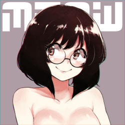 Rule 34 | 1girl, alphy, blush, breasts, brown background, brown eyes, brown hair, character name, cleavage, closed mouth, collarbone, eyelashes, glasses, looking at viewer, meow (alphy), original, out-of-frame censoring, pink lips, rimless eyewear, round eyewear, short hair, simple background, smile, solo, tareme, topless