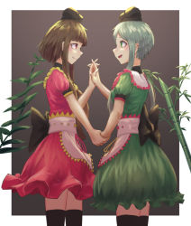 Rule 34 | 2girls, bamboo, black bow, bow, branch, brown background, brown hair, commentary request, dress, frills, from side, green dress, green eyes, green hair, hat, holding hands, interlocked fingers, leaf, looking at another, multiple girls, nishida satono, pink dress, puffy short sleeves, puffy sleeves, red bow, red eyes, red ribbon, ribbon, roke (taikodon), short hair with long locks, short sleeves, smile, tate eboshi, teireida mai, thighhighs, touhou, yellow bow, yellow ribbon