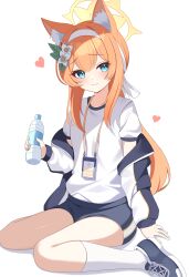 Rule 34 | 1girl, absurdres, animal ear fluff, animal ears, black footwear, black shorts, blue archive, blue eyes, blush, bottle, cat ears, closed mouth, flower, hair between eyes, hair flower, hair ornament, halo, heart, highres, holding, holding bottle, jacket, kenomotsu yukuwa, long hair, long sleeves, looking at viewer, mari (blue archive), mari (track) (blue archive), official alternate costume, open clothes, open jacket, orange hair, shirt, shoes, short sleeves, shorts, simple background, smile, socks, solo, water bottle, white background, white flower, white shirt, white socks, yellow halo