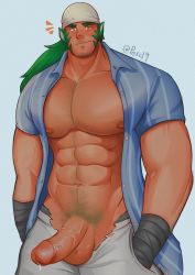 Rule 34 | 1boy, abs, absurdres, alternate pectoral size, animal ears, arm hair, bad id, bad twitter id, bara, bare pectorals, beard, blue shirt, cat boy, cat ears, chest hair, cowboy shot, dark-skinned male, dark skin, erection, facial hair, fang, fire emblem, fire emblem: path of radiance, green hair, green male underwear, groin, hairy, highres, joonbean, large pectorals, long hair, male focus, male pubic hair, male underwear, male underwear peek, mature male, muarim (fire emblem), muscular, muscular male, navel, navel hair, nintendo, nipples, nose piercing, nose ring, open clothes, open shirt, pants, pectorals, penis, piercing, precum, pubic hair, shirt, sideburns, smile, solo, stomach, stubble, thick thighs, thighs, torn clothes, torn pants, torn underwear, uncensored, underwear, veins, veiny penis, white pants