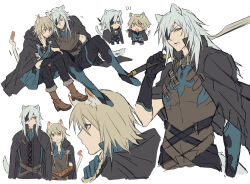 Rule 34 | 2boys, absurdres, animal ears, black gloves, blonde hair, blue eyes, blush, boots, cat boy, cat ears, cat tail, chibi, cloak, commentary request, eyepatch, gloves, grey hair, hair between eyes, high collar, highres, holding, holding sword, holding weapon, hood, hooded cloak, konoe (lamento), lamento, long hair, looking at another, male focus, multiple boys, over shoulder, profile, rai (lamento), serious, sitting, sleeping, smile, sword, tail, toramaru (696anna), tunic, weapon, weapon over shoulder, white background, yaoi, yellow eyes