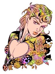 Rule 34 | 1boy, bug, cleavage cutout, clothing cutout, curly hair, determined, flower, giorno giovanna, hair down, insect, jojo no kimyou na bouken, ladybug, lips, long hair, male focus, marion-ville, rose, solo, vento aureo
