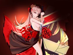 Rule 34 | 1girl, absurdres, artist request, azur lane, backless kimono, backless outfit, breasts, earrings, flower, highres, jean bart (azur lane), jean bart (first snow upon the cutlass&#039;s edge) (azur lane), jewelry, light brown hair, long hair, medium breasts, red eyes, red flower, red sash, sash, sheath, sword, unsheathing, very long hair, weapon