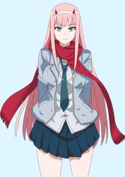 Rule 34 | 10s, 1girl, aqua eyes, arms behind back, breasts, darling in the franxx, hairband, highres, horns, jacket, long hair, looking at viewer, medium breasts, necktie, pink hair, plaid, plaid skirt, scarf, school uniform, shirt, sidelocks, simple background, skirt, smile, solo, standing, sungose, white hairband, white shirt, zero two (darling in the franxx)