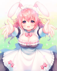 Rule 34 | 1girl, :d, animal ears, apron, black dress, blush, bow, bowtie, breasts, cleavage, commentary request, dress, frilled apron, frills, hair between eyes, hair ribbon, large breasts, long sleeves, maid, maid headdress, open mouth, original, outstretched arms, petals, pink bow, pink bowtie, pink hair, pink ribbon, rabbit ears, reaching, reaching towards viewer, red eyes, ribbon, sidelocks, smile, solo, usashiro mani, white apron