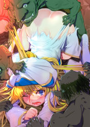 Rule 34 | 1girl, 3boys, arm grab, ass, blonde hair, blood, blue eyes, cave, clenched hands, clothed sex, crying, defloration, doggystyle, dot nose, drooling, goblin, goblin slayer!, grabbing another&#039;s hair, hand on another&#039;s head, highres, interspecies, long hair, looking at viewer, monster, multiple boys, one eye closed, open mouth, priestess (goblin slayer!), rape, saliva, sex, sex from behind, snot, spread legs, tears, teeth, tongue, torn clothes