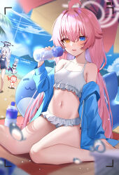 Rule 34 | 1boy, 3girls, absurdres, ahoge, doodle sensei (blue archive), arona (blue archive), bare shoulders, beach, beach umbrella, beads, bikini, bikini skirt, black bikini, blue archive, blue eyes, blue hair, blue jacket, blue one-piece swimsuit, blue sky, blush, bottle, bow hairband, cloud, collarbone, colored inner hair, day, demon horns, demon wings, frilled bikini, frills, hair beads, hair between eyes, hair ornament, hairband, halo, heterochromia, highres, hina (blue archive), hina (swimsuit) (blue archive), holding, holding bottle, horns, hoshino (blue archive), hoshino (swimsuit) (blue archive), inflatable toy, inflatable whale, jacket, kneeling, leimimomomo, light blue hair, long hair, looking at another, looking at viewer, low wings, multicolored hair, multiple girls, navel, off shoulder, official alternate costume, old school swimsuit, one-piece swimsuit, open clothes, open jacket, open mouth, outdoors, pink hair, purple eyes, school swimsuit, sensei (blue archive), sidelocks, sitting, sky, solo focus, stomach, strap slip, streaked hair, swimsuit, thighs, umbrella, very long hair, viewfinder, wariza, water, water bottle, whistle, whistle around neck, white bikini, white hair, white hairband, wings, yellow eyes