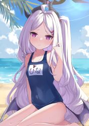 Rule 34 | 1girl, absurdres, ahoge, bare shoulders, beach, blue archive, blue one-piece swimsuit, blush, breasts, collarbone, demon horns, demon wings, fukujin, hair ornament, hairclip, halo, highres, hina (blue archive), hina (swimsuit) (blue archive), horns, long hair, looking at viewer, multiple horns, name tag, official alternate costume, old school swimsuit, one-piece swimsuit, outdoors, parted bangs, purple eyes, school swimsuit, small breasts, solo, swimsuit, whistle, whistle around neck, white hair, wings