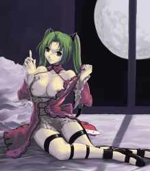 Rule 34 | 1girl, arala cran, bed, breasts, come hither, cross, dress, full moon, greek cross, green eyes, green hair, high heels, large breasts, legs, long hair, matching hair/eyes, moon, naughty face, night, night sky, nipples, no bra, open clothes, open shirt, pillow, pleated skirt, pointing, shadow, shikigami no shiro, shikigami no shiro ii, shirt, shoes, sitting, skirt, sky, smile, solo, thigh gap, thigh strap, twintails, undressing, very long hair, window