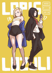 Rule 34 | 1boy, 1girl, :o, absurdres, android 17, android 18, bare shoulders, black footwear, black hair, black jacket, black pants, blonde hair, blue eyes, breasts, brother and sister, cellphone, character name, dragon ball, earrings, full body, high heels, highres, holding, holding phone, itou kazuki, jacket, jewelry, light blush, light smile, pants, phone, shirt, siblings, smartphone, twins, white shirt