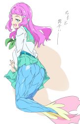Rule 34 | 1girl, aozora middle school uniform, aqua eyes, blush, commentary request, green neckwear, green sailor collar, green skirt, highres, laura (precure), long hair, long sleeves, looking at viewer, mermaid, monster girl, open mouth, pink hair, precure, sailor collar, school uniform, serafuku, silver hair, skirt, smile, solo, translation request, tropical-rouge! precure, umanosuke, white background