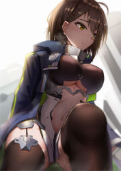 Rule 34 | 1girl, ahoge, azur lane, backlighting, baltimore (azur lane), black thighhighs, blue coat, blurry, blush, braid, breasts, brown hair, center opening, check commentary, closed mouth, clothing cutout, coat, commentary request, covered erect nipples, cowboy shot, french braid, garter straps, gloves, hair between eyes, highres, hood, hood down, hooded coat, impossible clothes, large breasts, lodbyy, long sleeves, looking to the side, multicolored coat, navel, open clothes, open coat, pelvic curtain, rigging, short hair, sidelocks, simple background, sitting, skindentation, solo, steam, stomach cutout, sweat, thighhighs, underboob, underboob cutout, visor (armor), white background, yellow eyes, zipper