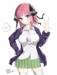 Rule 34 | black ribbon, blue eyes, blunt bangs, blush, bra, bra peek, breasts, butterfly hair ornament, button gap, cardigan, go-toubun no hanayome, green skirt, hair ornament, hand on own hip, heart, large breasts, looking at viewer, misbuttoned, multicolored nails, nail polish, nakano nino, open cardigan, open clothes, pink bra, pink hair, purple cardigan, ribbon, senko (hanabi senkooo), shirt, simple background, skirt, sleeves past wrists, smile, solo, speech bubble, thick thighs, thighhighs, thighs, twintails, underwear, v, white background, white shirt, white thighhighs, zettai ryouiki