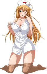 Rule 34 | 00s, 1girl, blonde hair, breasts, brown pantyhose, cleavage, clothes pull, collarbone, dress shirt, extraction, green eyes, hat, ikkitousen, kneeling, large breasts, long hair, nurse, nurse cap, one eye closed, pantyhose, pantyhose pull, shirt, solo, sonsaku hakufu, transparent background, white shirt