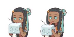 Rule 34 | 1girl, aqua hair, armlet, black hair, blue eyes, chibi, commentary request, creatures (company), dark-skinned female, dark skin, earrings, eiscue, eiscue (ice), game freak, gen 8 pokemon, hoop earrings, jewelry, korean commentary, licking, long hair, multicolored hair, nessa (pokemon), nintendo, pokemon, pokemon (creature), pokemon swsh, sequential, simple background, ssalbulre, stuck, tongue, tongue out, two-tone hair, white background