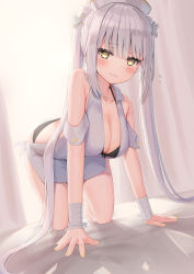 Rule 34 | 1girl, all fours, bare shoulders, bed sheet, black bra, black panties, bra, breasts, cleavage, curtains, detached sleeves, dress, flying sweatdrops, front-tie bra, frown, grey dress, hair ornament, halterneck, hat, highres, large breasts, long hair, looking at viewer, nail polish, nurse, nurse cap, original, panties, reinama, revealing clothes, silver hair, solo, sweatband, twintails, underwear, very long hair, yellow eyes, yellow nails