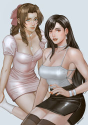 Rule 34 | 2girls, aerith gainsborough, alternate costume, black hair, bow, bracelet, breasts, cleavage, dress, drill hair, final fantasy, final fantasy vii, grey background, hair bow, jewelry, long hair, looking at viewer, medium breasts, mistermagnolia, multiple girls, necklace, pink dress, sideboob, simple background, skirt, thighhighs, tifa lockhart, twin drills