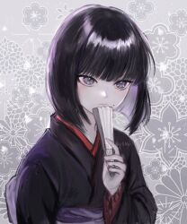Rule 34 | 1boy, black hair, black kimono, blunt bangs, commentary request, floral background, grey background, grey eyes, hand fan, highres, holding, holding fan, hunter x hunter, japanese clothes, kalluto zoldyck, kimono, long hair, long sleeves, male focus, mole, mole under mouth, obi, p8 kei, sash, solo, straight hair, trap, upper body