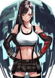 Rule 34 | 1girl, absurdres, bare shoulders, black skirt, black thighhighs, breasts, brown hair, cleavage, closed mouth, earrings, final fantasy, final fantasy vii, final fantasy vii remake, gloves, hands on own hips, highres, jewelry, large breasts, lips, looking at viewer, midriff, navel, red eyes, skirt, sleeveless, smile, solo, stomach, suspender skirt, suspenders, tank top, thighhighs, tifa lockhart, yoshio (55level), zettai ryouiki