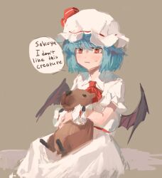 Rule 34 | 1girl, animal, ascot, bat wings, black eyes, blue hair, blush, bow, brown background, capybara, collared dress, commentary, dress, english commentary, english text, hat, hat bow, holding, holding animal, mob cap, nervous, orange eyes, red ascot, red bow, remilia scarlet, short hair, solo, sparkle71059204, sweatdrop, touhou, white dress, white hat, wings