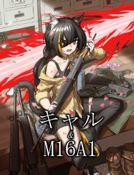Rule 34 | 1girl, among us, animal ear fluff, animal ears, assault rifle, bare shoulders, black hair, black legwear, cat ears, cat girl, cat tail, cheogtanbyeong, cosplay, eyepatch, fang, girls&#039; frontline, gloves, green eyes, gun, highres, holding, holding gun, holding weapon, indoors, karyl (princess connect!), long hair, looking at viewer, m16, m16a1, m16a1 (girls&#039; frontline), multicolored hair, off shoulder, open mouth, petals, princess connect!, rifle, shorts, sitting, solo, streaked hair, submachine gun, sweatdrop, tail, very long hair, weapon, white hair